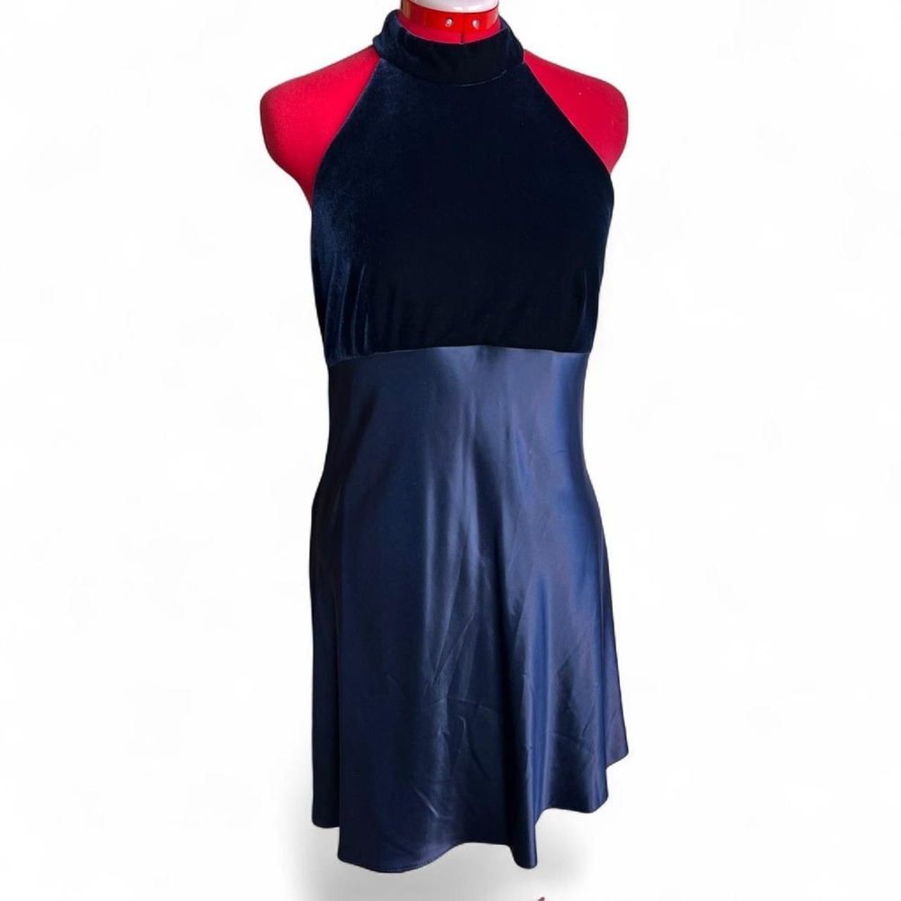Vintage 90s navy blue velvet halter dress with satin skirt & open back
